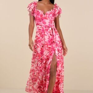 Lulus Sensationally Sweeter Bright Pink Floral Ruffled Maxi Dress - Size L